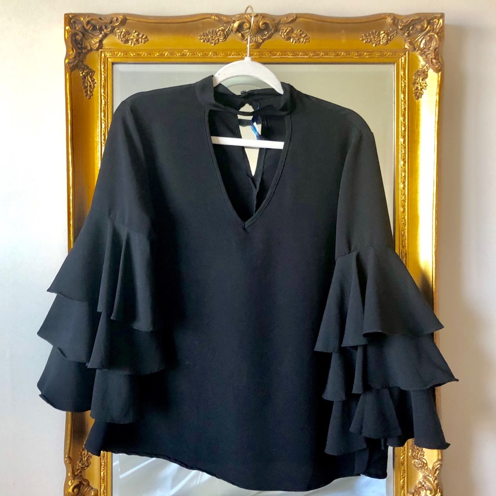 Black Ruffle Layered Bell Sleeve Top